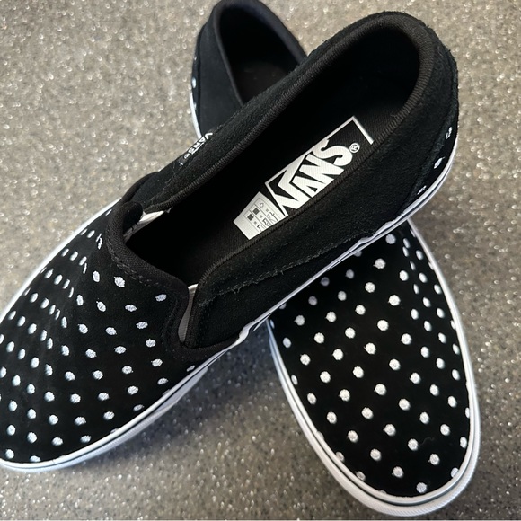Vans~Black with white polka dots. Slip ons, Size 9 in women. - Picture 1 of 6